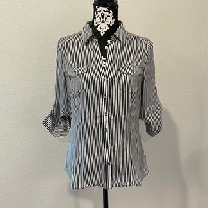 White House Black Market: black and white vertical striped button down shirt.